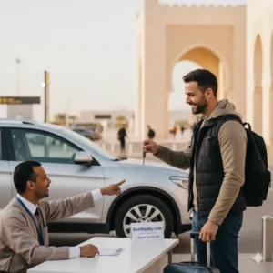 Friendly local agent handing over car keys to a traveler at Al Massira Airport, highlighting a seamless Agadir car rental experience.