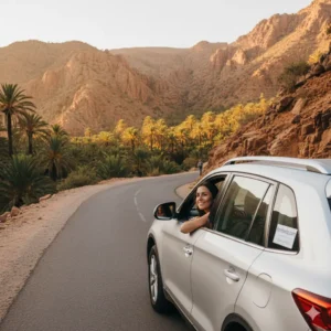 Solo traveler driving a white SUV through the Atlas Mountains toward Paradise Valley, showcasing the freedom of an Agadir car rental.