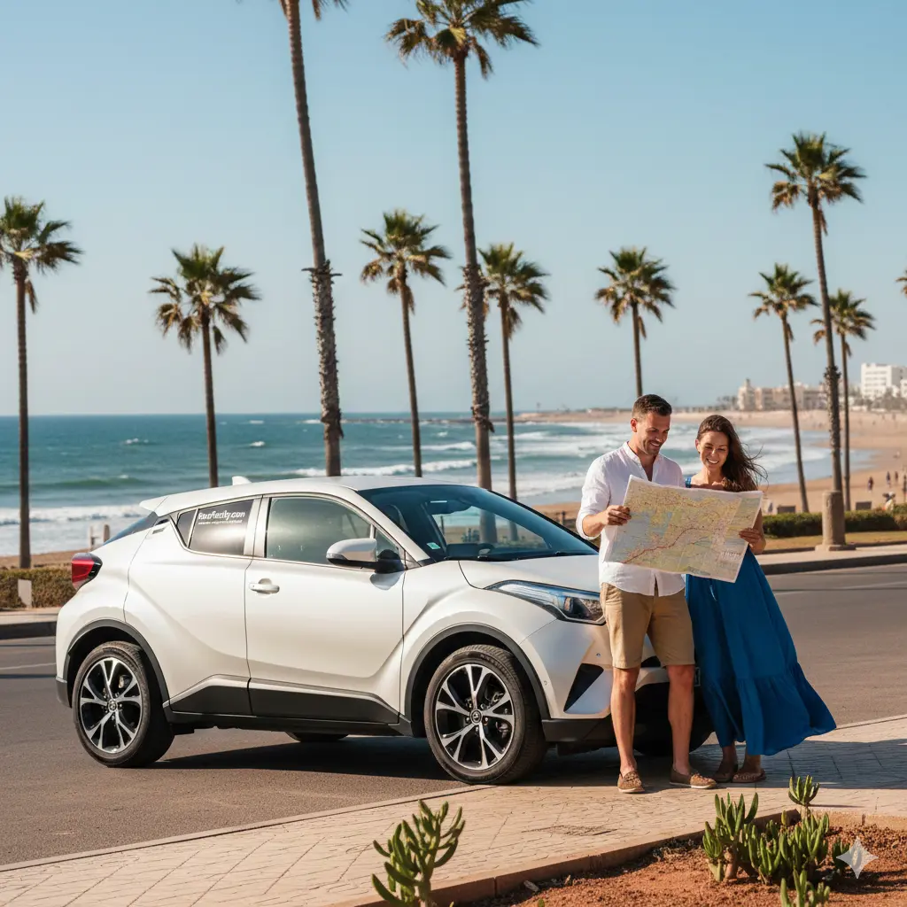 A happy tourist couple holding a travel map next to their modern Agadir car rental parked along the sunny Atlantic coast with palm trees.